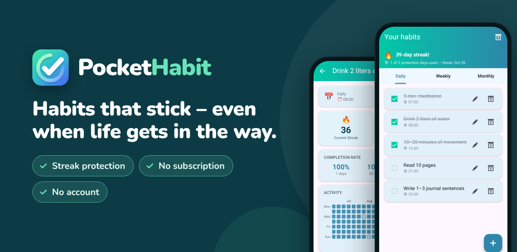 PocketHabit – Build lasting habits – a habit tracker with streak protection & no subscription.