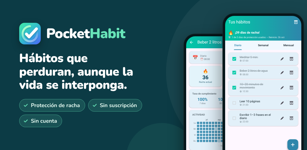 PocketHabit – Tracker de hábitos con protección de racha: hábitos duraderos y sin suscripción.