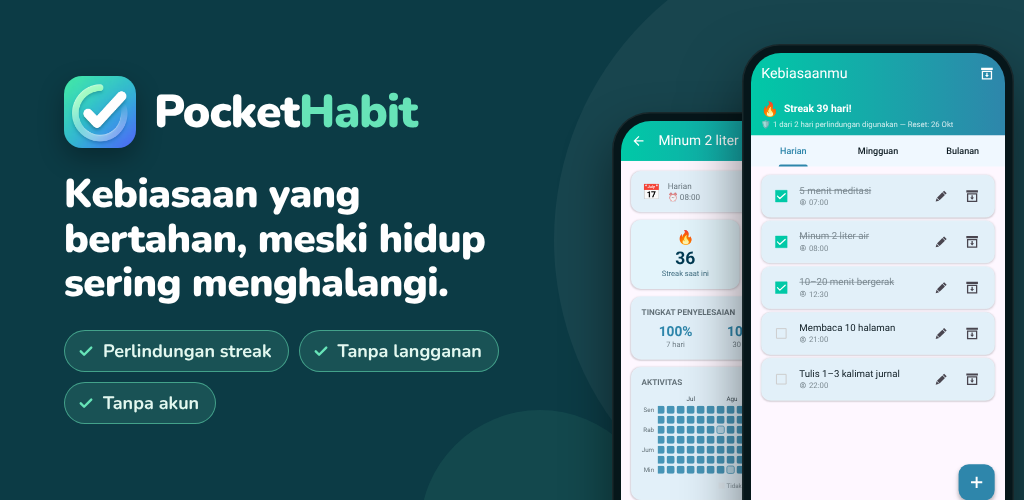 PocketHabit – Pelacak kebiasaan dengan perlindungan streak – fleksibel & tanpa langganan.