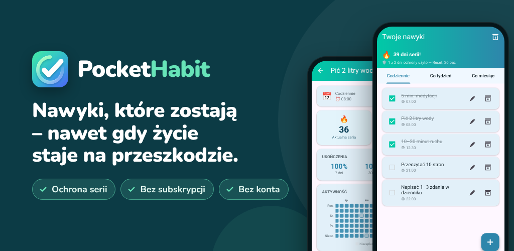 PocketHabit – Tracker nawyków z ochroną serii: trwałe nawyki, elastycznie i bez subskrypcji.
